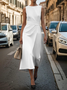 Femmes Plain Blanc Col Rond Confortable Imprimé Robe Maxi Rétro