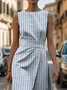 Femmes Rayé Bleu Col Rond Confortable Imprimé Robe Maxi Rétro