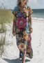 Femmes Floral Bleu Col V Confortable Robe Maxi Décontracté