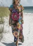 Femmes Floral Bleu Col V Confortable Robe Maxi Décontracté