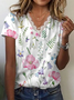 T-shirts Femmes Décontracté Floral Été Col V Imprimé Micro-élasticité Coupe Régulière Manches Courtes Régulier