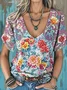 T-shirts Femmes Décontracté Floral Été Coton Col V Micro-élasticité Quotidien Coupe Régulière Régulier