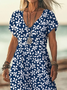 Femmes Floral Bleu Violacé Col V Confortable Imprimé Robe Maxi Décontracté