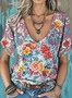 T-shirts Femmes Décontracté Floral Été Coton Col V Micro-élasticité Quotidien Coupe Régulière Régulier