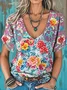 T-shirts Femmes Décontracté Floral Été Coton Col V Micro-élasticité Quotidien Coupe Régulière Régulier