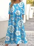 Femmes Floral Bleu Aqua Col Rond Confortable Robe Maxi Décontracté