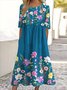 Femmes Floral Bleu Marine Col Rond Confortable Robe Maxi Décontracté