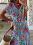 Femmes Floral Bleu Col V Confortable Imprimé Robe Maxi Décontracté