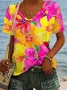 T-shirts Femmes Décontracté Floral Été Polyester Col V Quotidien Coupe Régulière Trapèze Régulier
