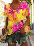 T-shirts Femmes Décontracté Floral Été Polyester Col V Quotidien Coupe Régulière Trapèze Régulier