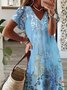 Femmes Floral Bleu Col V Confortable Robe Maxi Décontracté