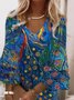 Femmes Floral Bleu Col V Confortable Robe Mi-Longue Boho