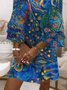 Femmes Floral Bleu Col V Confortable Robe Mi-Longue Boho