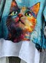 T-shirts en Lin Chat Printemps / Automne Coton Col V Micro-élasticité Ample Manches Longues Régulier pour Femmes