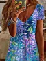 Femmes Floral Bleu violet Col V Confortable Robe Mi-Longue Décontracté
