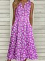 Femmes Floral Bleu Entaillé Confortable Boucle Robe Mi-Longue Décontracté