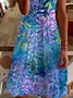 Femmes Floral Bleu violet Col V Confortable Robe Mi-Longue Décontracté