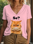 T-shirts Femmes Décontracté Été Chat Coton Col V Micro-élasticité Coupe Régulière Manches Courtes Trapèze