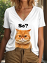 T-shirts Femmes Décontracté Été Chat Coton Col V Micro-élasticité Coupe Régulière Manches Courtes Trapèze