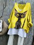T-shirts Rétro Printemps / Automne Chat Coton Quotidien Ample Manches Longues Régulier Régulier pour Femmes