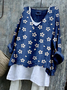 T-shirts Femmes Rétro Floral Printemps / Automne Polyester Col V Micro-élasticité Manches Longues Régulier Régulier