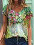 T-shirts Femmes Décontracté Floral Été Coton Col V Micro-élasticité Manches Courtes Régulier Trapèze