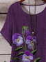 T-shirts Décontracté Floral Été Micro-élasticité Manches Courtes Col Rond Régulier Trapèze Régulier pour Femmes