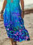 Femmes Floral Cyan Col V Confortable Imprimé Robe Maxi Décontracté