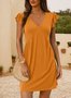 Femmes Plain Bleu Marine Col V Confortable Robe de Longueur Au Genou Décontracté