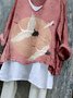 T-shirts Rétro Rouge-grue couronnée Printemps / Automne Coton Col V Micro-élasticité Manches Longues Régulier Trapèze pour Femmes