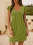 Femmes Plain Bleu Marine Col V Confortable Robe de Longueur Au Genou Décontracté