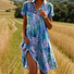 Femmes Floral Bleu Col de Chemise Confortable Robe Mi-Longue Décontracté