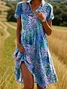 Femmes Floral Bleu Col de Chemise Confortable Robe Mi-Longue Décontracté