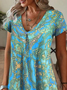 Femmes Floral Cyan Col V Confortable Imprimé Robe de Longueur Au Genou Décontracté