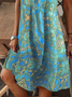 Femmes Floral Cyan Col V Confortable Imprimé Robe de Longueur Au Genou Décontracté