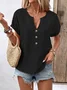 T-shirts en Lin Plain Été Polyester Col V Micro-élasticité Manches Courtes Droit Régulier pour Femmes