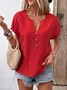 T-shirts en Lin Plain Été Polyester Col V Micro-élasticité Manches Courtes Droit Régulier pour Femmes