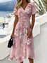 Femmes Floral Rose Col V Confortable Robe Maxi Décontracté