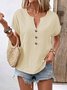 T-shirts en Lin Plain Été Polyester Col V Micro-élasticité Manches Courtes Droit Régulier pour Femmes