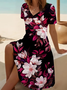 Femmes Floral Rouge Col V Confortable Robe Mi-Longue Décontracté