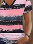 T-shirts Femmes Rayé Décontracté Été Col V Imprimé Ample Jersey Régulier Régulier