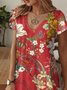 Femmes Floral Rouge Col V Confortable Robe Maxi Décontracté