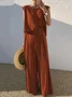 Deux Pièces Ensembles Simple Plain Été en Lin Micro-élasticité Vacances Col Rond Top Avec Pantalons Droit pour Femmes