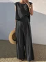 Deux Pièces Ensembles Simple Plain Été en Lin Micro-élasticité Vacances Col Rond Top Avec Pantalons Droit pour Femmes