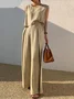 Deux Pièces Ensembles Simple Plain Été en Lin Micro-élasticité Vacances Col Rond Top Avec Pantalons Droit pour Femmes