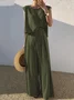 Deux Pièces Ensembles Simple Plain Été en Lin Micro-élasticité Vacances Col Rond Top Avec Pantalons Droit pour Femmes