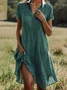 Femmes Pois Polka Bleu Col Châle Confortable Imprimé Robe de Longueur Au Genou Décontracté