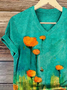 T-shirts Décontracté Floral Été Col V Ample Jersey Régulier Droit Régulier pour Femmes