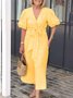 Femmes Plain Noir Col V Confortable à Lacets Robe Maxi Décontracté