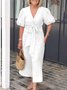 Femmes Plain Noir Col V Confortable à Lacets Robe Maxi Décontracté